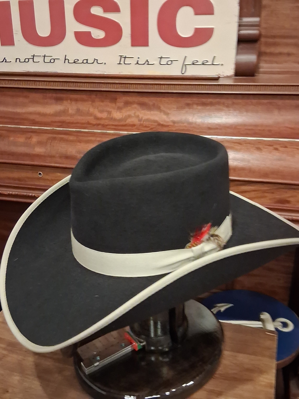 Pleasant Hills Saddle Black Felt Western Hat with Cream Band and Feather Accent